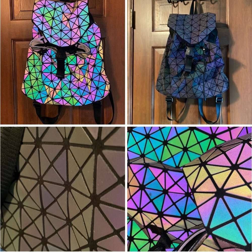 Holographic Reflective Luminous Geometric Backpack - color changes w/ lighting.